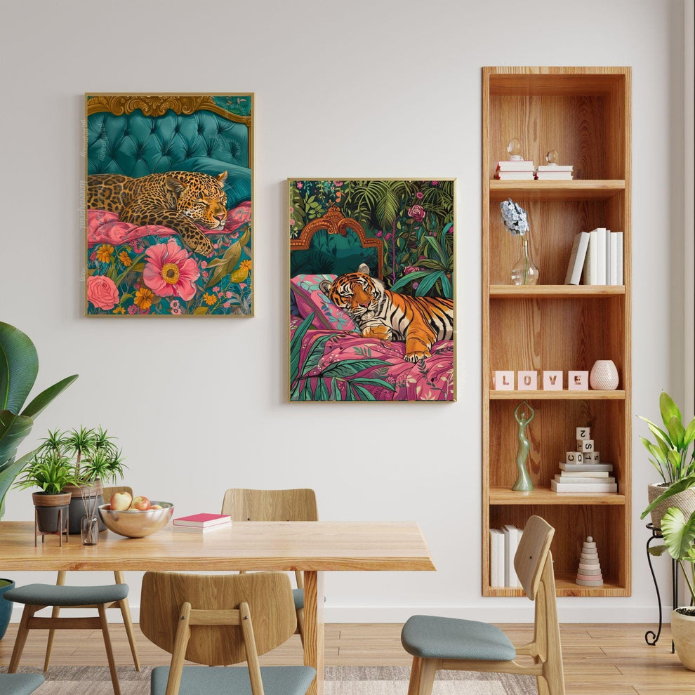 Sleeping Tiger in Bed Art Print – Maximalist Jungle Wall Art, Bold Animal Decor, Tiger Bedroom Poster, Rest Aesthetic, Gift for Her