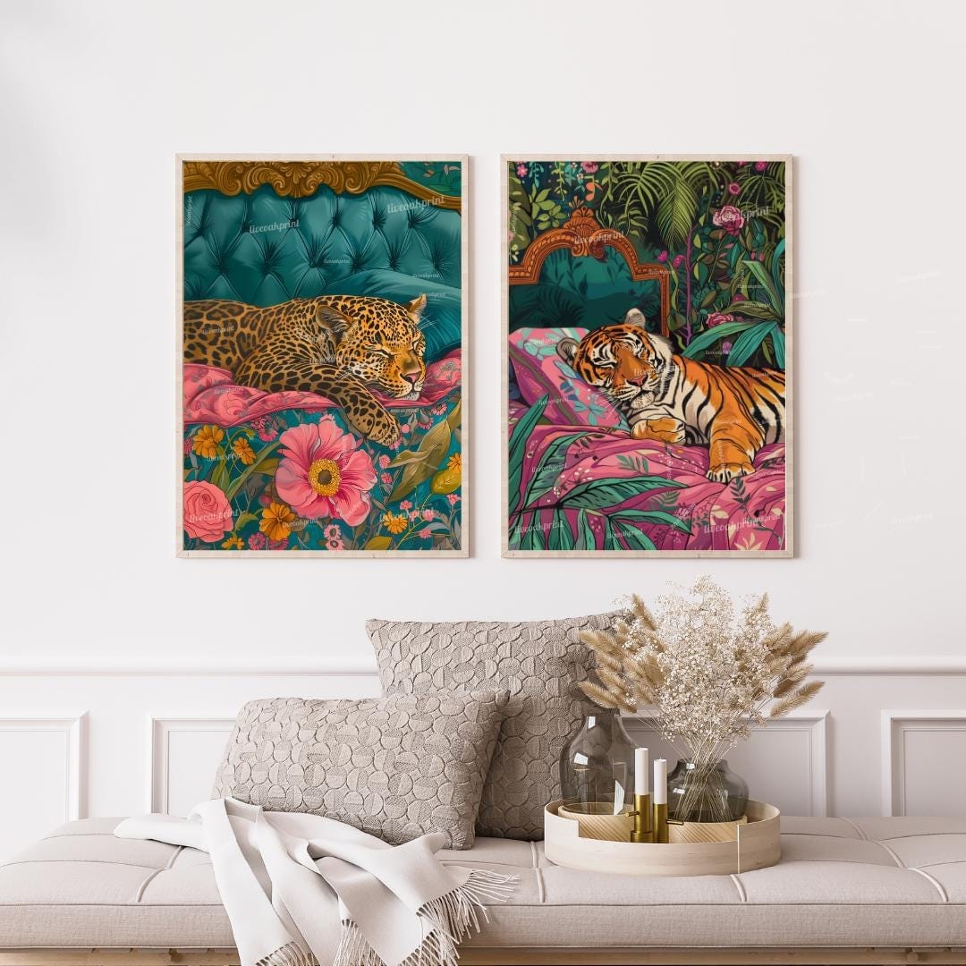 Tiger and Leopard Jungle Print Set – Maximalist Animal Wall Art – Vintage Glam Bedroom Decor – Junglecore Gallery Wall – Dopamine Decor