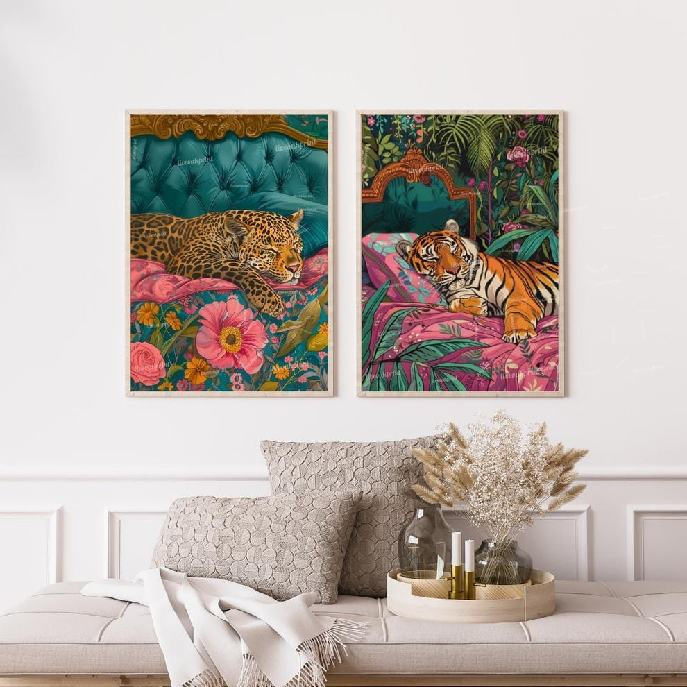 Tiger and Leopard Jungle Print Set – Maximalist Animal Wall Art – Vintage Glam Bedroom Decor – Junglecore Gallery Wall – Dopamine Decor