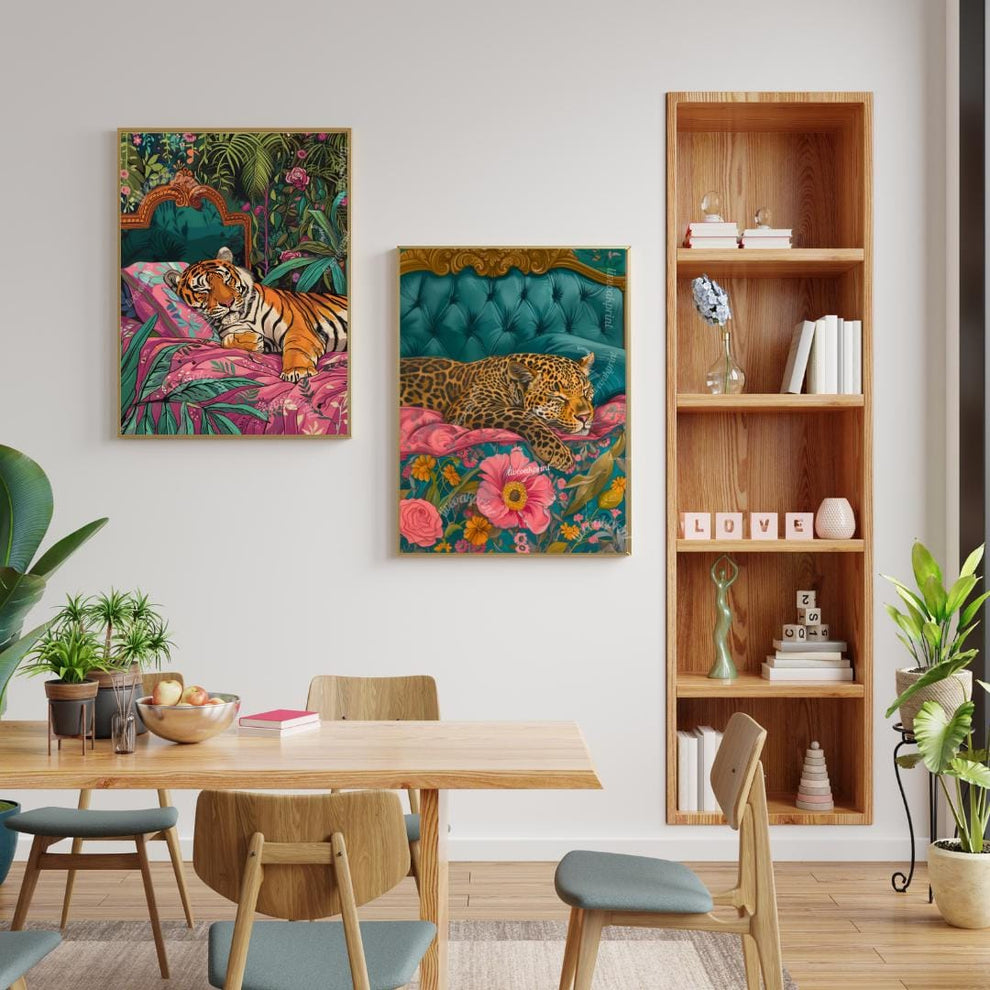 Tiger and Leopard Jungle Print Set – Maximalist Animal Wall Art – Vintage Glam Bedroom Decor – Junglecore Gallery Wall – Dopamine Decor