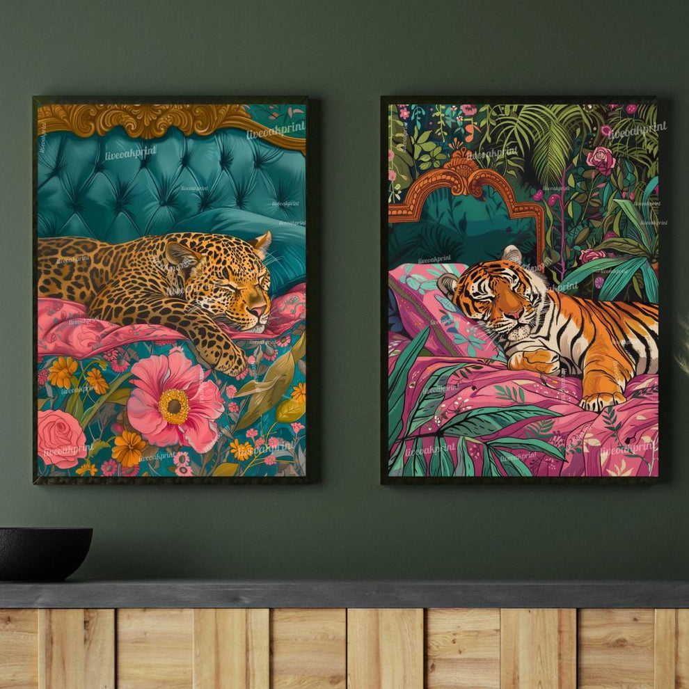 Tiger and Leopard Jungle Print Set – Maximalist Animal Wall Art – Vintage Glam Bedroom Decor – Junglecore Gallery Wall – Dopamine Decor