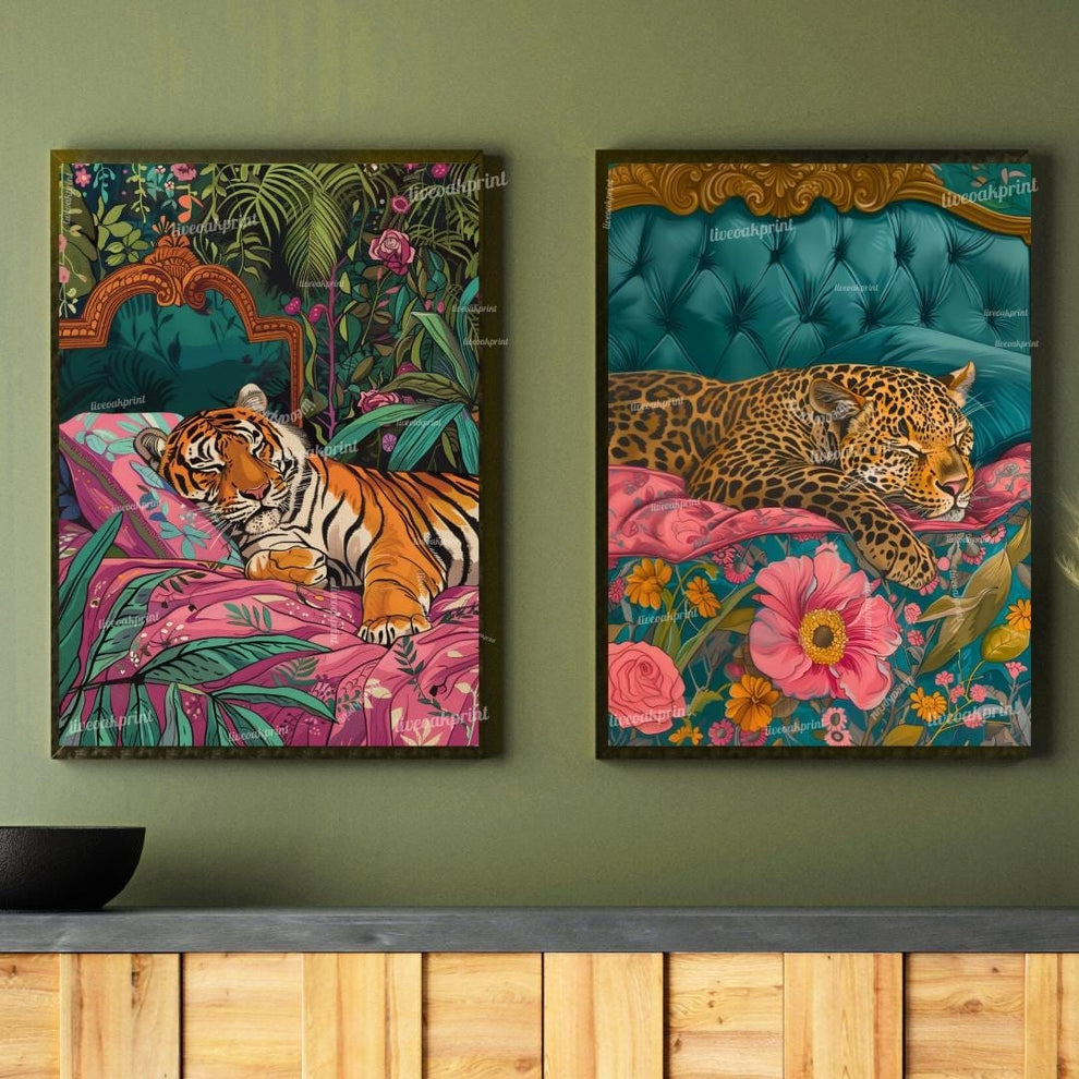Tiger and Leopard Jungle Print Set – Maximalist Animal Wall Art – Vintage Glam Bedroom Decor – Junglecore Gallery Wall – Dopamine Decor