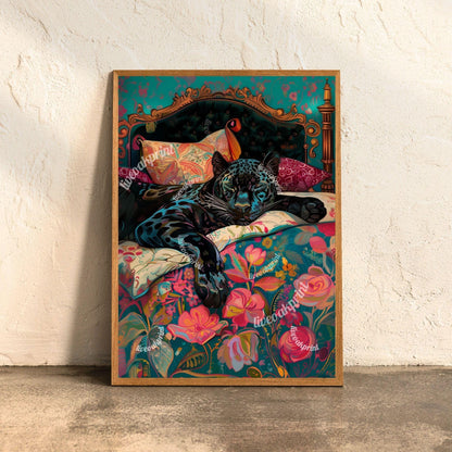 Big Cat Bedroom Art Print Set – Maximalist Animal Wall Art Trio – Junglecore Decor – Leopard Panther Tiger Wall Art – Dopamine Decor