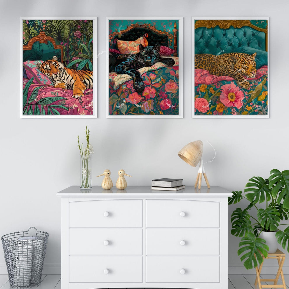 Big Cat Bedroom Art Print Set – Maximalist Animal Wall Art Trio – Junglecore Decor – Leopard Panther Tiger Wall Art – Dopamine Decor