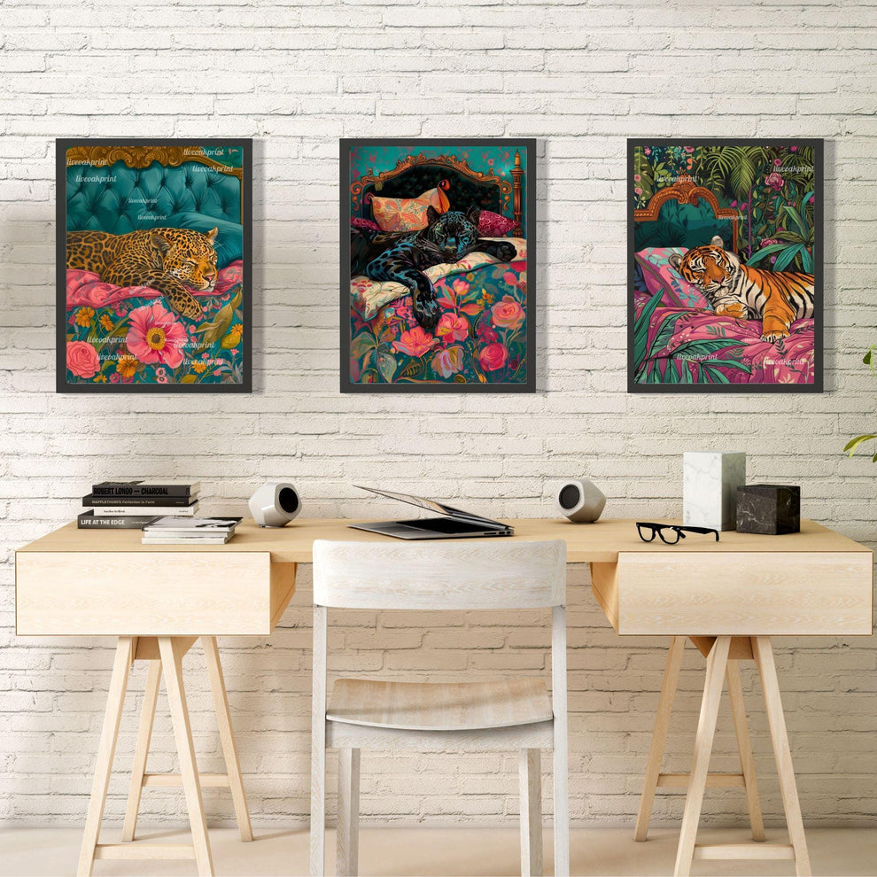 Big Cat Bedroom Art Print Set – Maximalist Animal Wall Art Trio – Junglecore Decor – Leopard Panther Tiger Wall Art – Dopamine Decor
