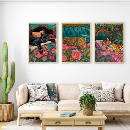 Big Cat Bedroom Art Print Set – Maximalist Animal Wall Art Trio – Junglecore Decor – Leopard Panther Tiger Wall Art – Dopamine Decor