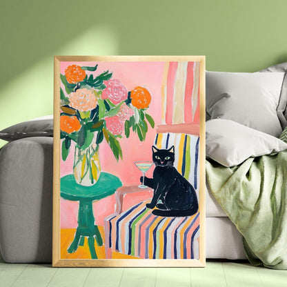 Black Cat Cocktail Art Print – Maximalist Cat Wall Art – Funky Bar Cart Decor – Pink Floral Cat Print – Retro Home Art Whimsical Kitchen Art