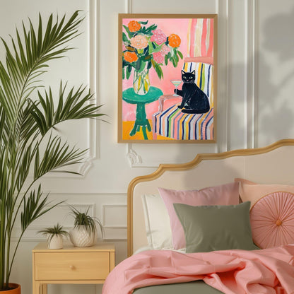 Black Cat Cocktail Art Print – Maximalist Cat Wall Art – Funky Bar Cart Decor – Pink Floral Cat Print – Retro Home Art Whimsical Kitchen Art
