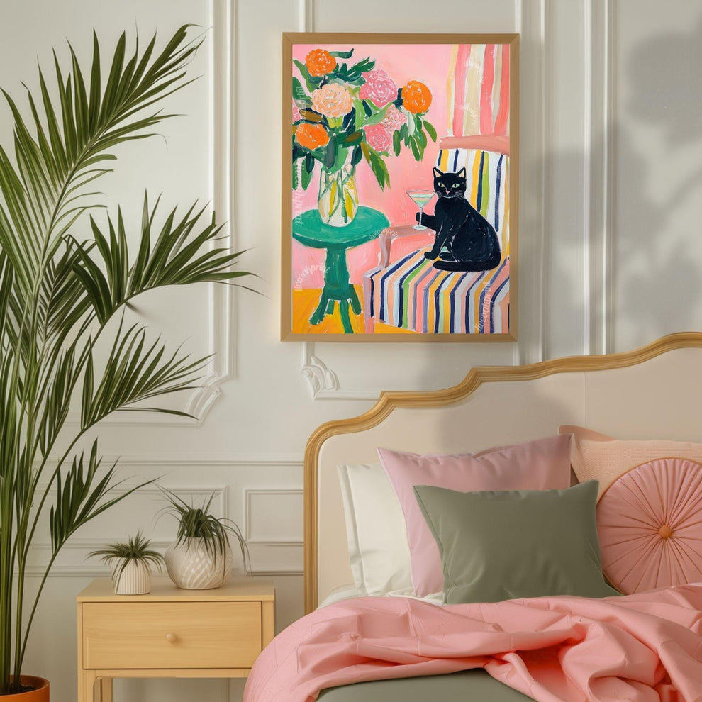 Black Cat Cocktail Art Print – Maximalist Cat Wall Art – Funky Bar Cart Decor – Pink Floral Cat Print – Retro Home Art Whimsical Kitchen Art
