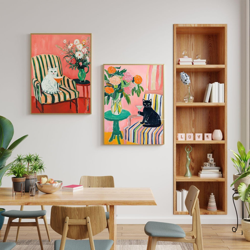 Black Cat Cocktail Art Print – Maximalist Cat Wall Art – Funky Bar Cart Decor – Pink Floral Cat Print – Retro Home Art Whimsical Kitchen Art