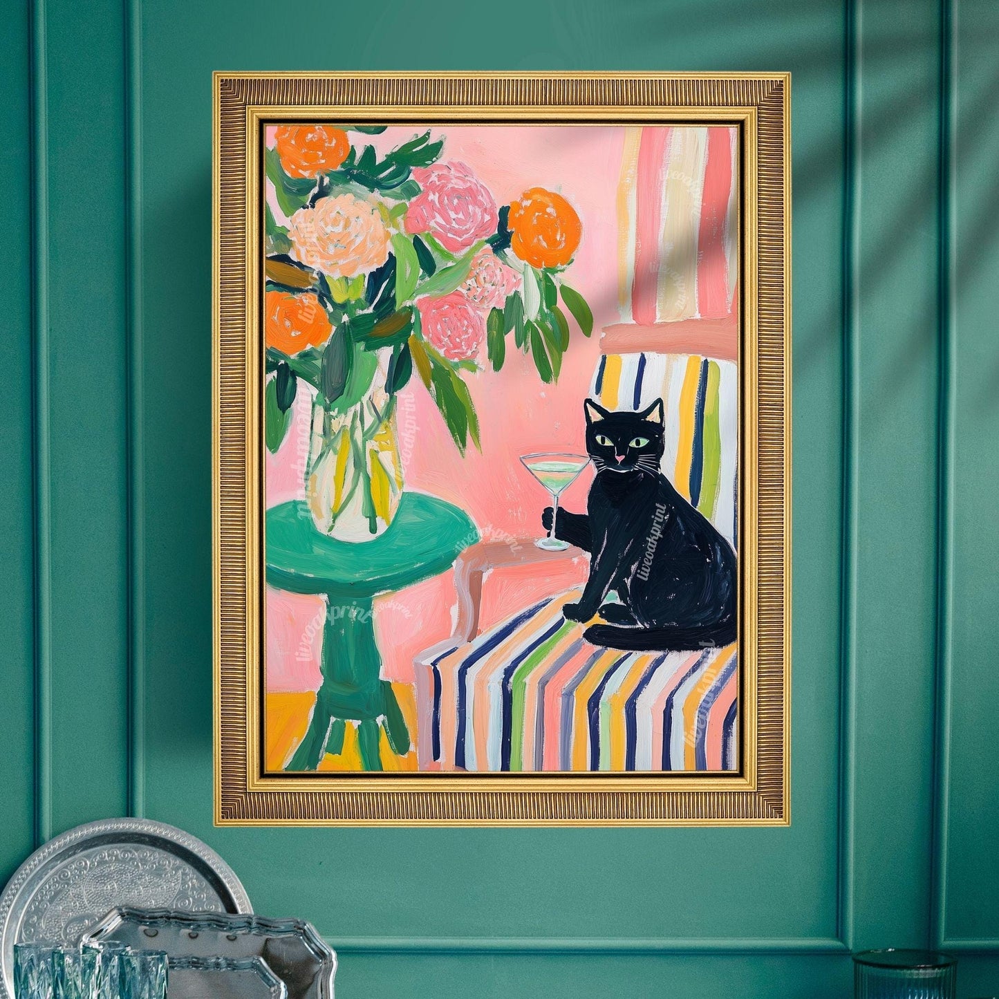 Black Cat Cocktail Art Print – Maximalist Cat Wall Art – Funky Bar Cart Decor – Pink Floral Cat Print – Retro Home Art Whimsical Kitchen Art