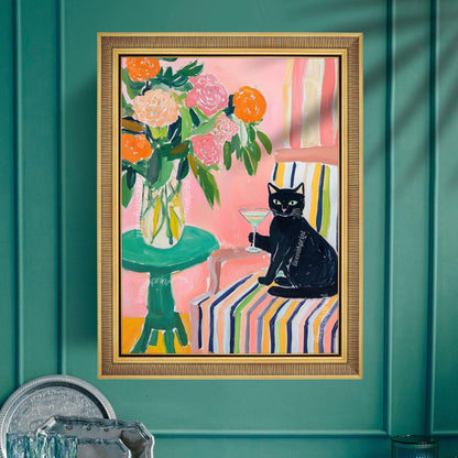 Black Cat Cocktail Art Print – Maximalist Cat Wall Art – Funky Bar Cart Decor – Pink Floral Cat Print – Retro Home Art Whimsical Kitchen Art