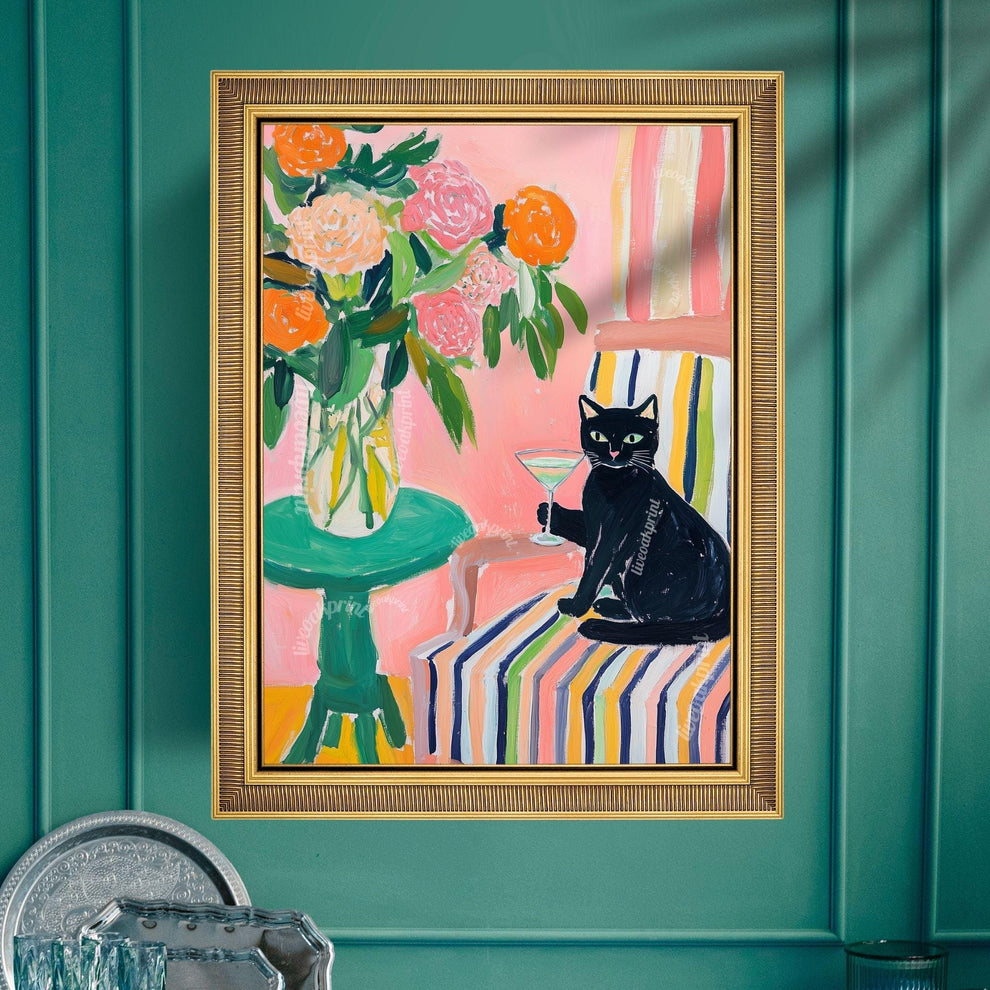 Black Cat Cocktail Art Print – Maximalist Cat Wall Art – Funky Bar Cart Decor – Pink Floral Cat Print – Retro Home Art Whimsical Kitchen Art