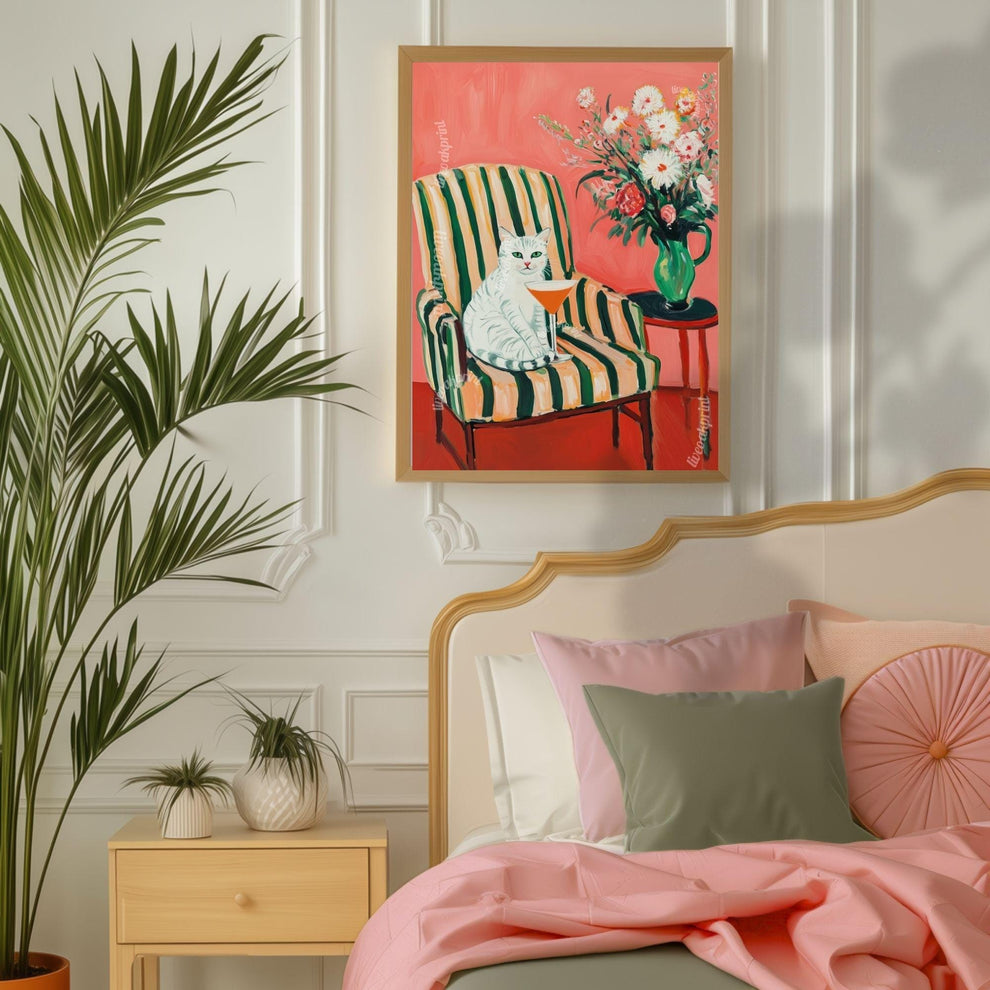 White Cat Cocktail Art Print – Whimsical Bar Cart Decor – Retro Cat Wall Art – Maximalist Home Print – Dopamine Decor – Funky Kitchen Poster