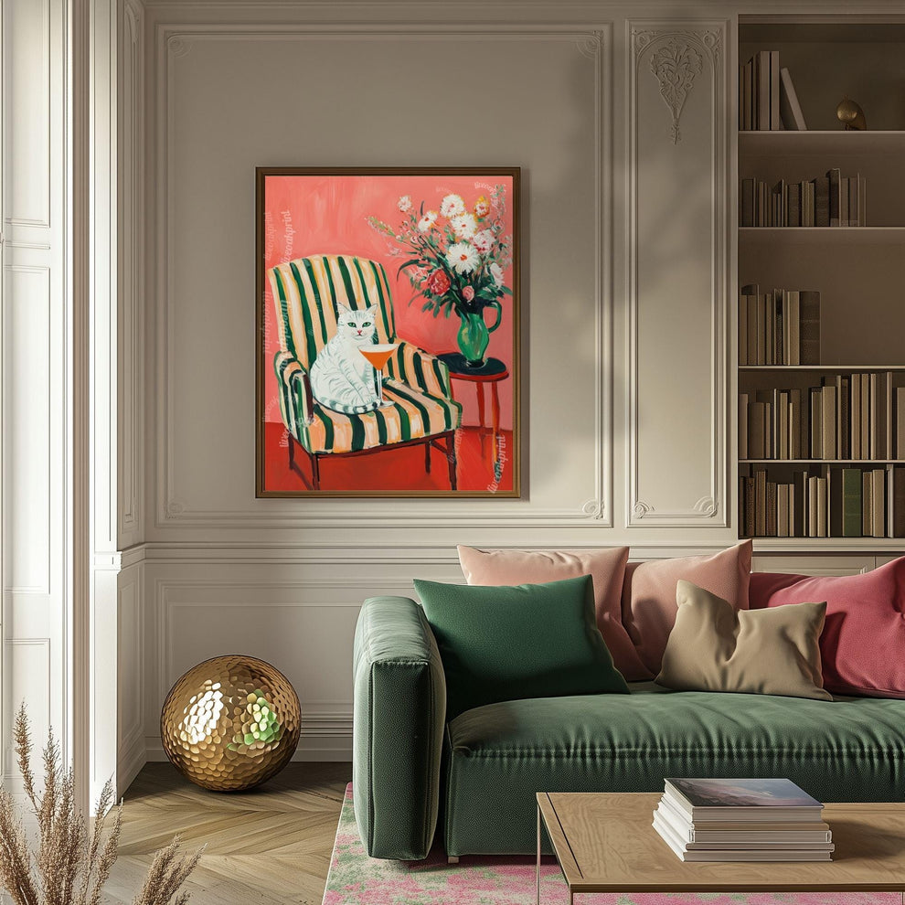 White Cat Cocktail Art Print – Whimsical Bar Cart Decor – Retro Cat Wall Art – Maximalist Home Print – Dopamine Decor – Funky Kitchen Poster