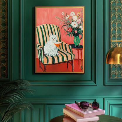 White Cat Cocktail Art Print – Whimsical Bar Cart Decor – Retro Cat Wall Art – Maximalist Home Print – Dopamine Decor – Funky Kitchen Poster