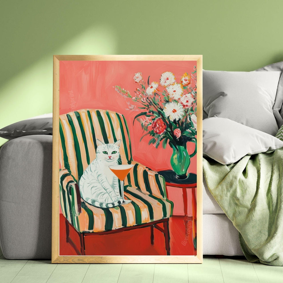 White Cat Cocktail Art Print – Whimsical Bar Cart Decor – Retro Cat Wall Art – Maximalist Home Print – Dopamine Decor – Funky Kitchen Poster