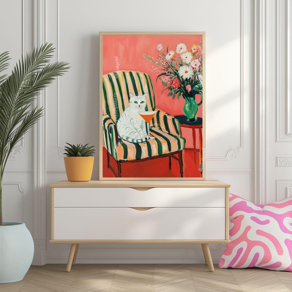 White Cat Cocktail Art Print – Whimsical Bar Cart Decor – Retro Cat Wall Art – Maximalist Home Print – Dopamine Decor – Funky Kitchen Poster