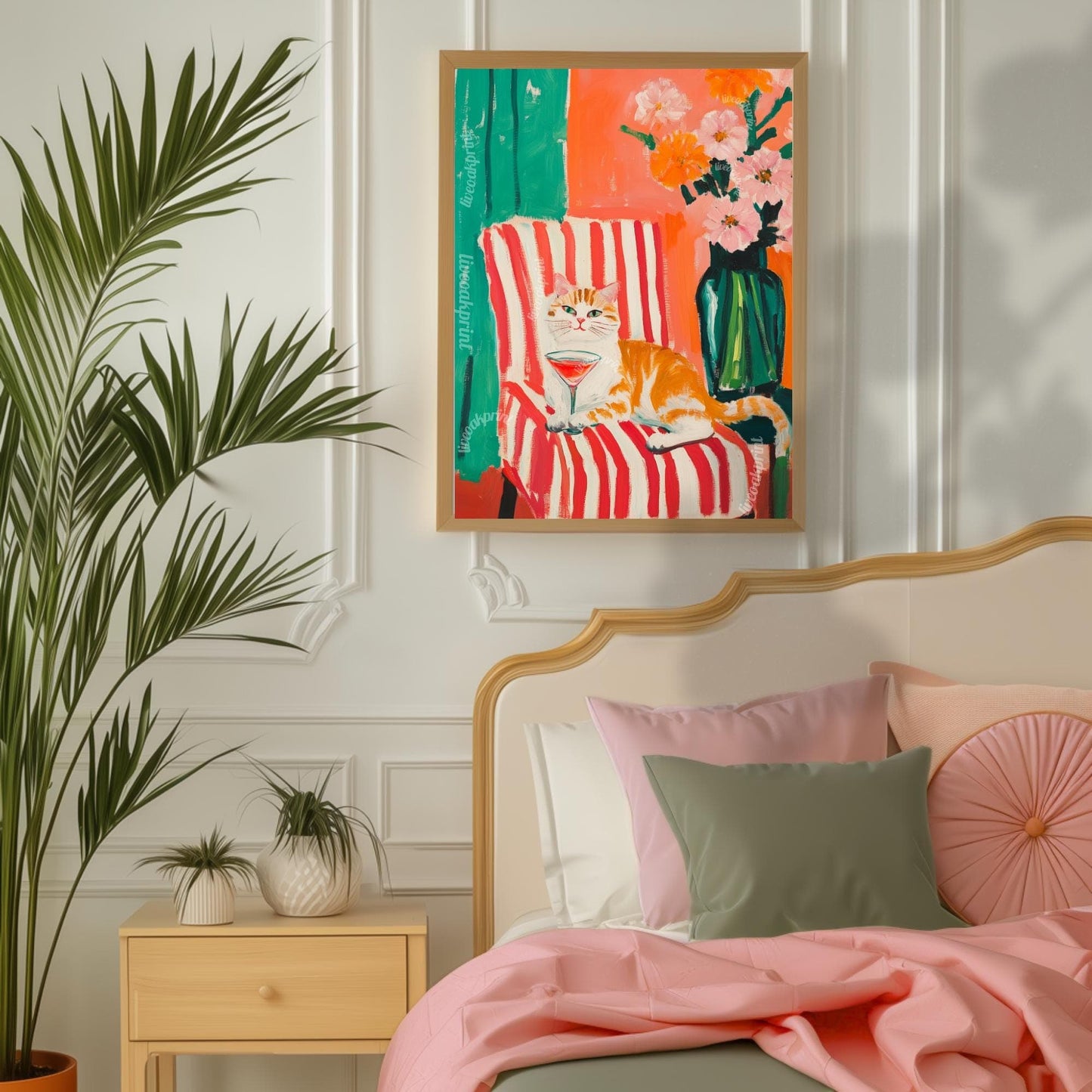 Orange Cat Cocktail Art Print – Retro Cat Wall Art – Maximalist Bar Cart Decor – Funny Animal Print – Dopamine Decor – Striped Wall Art