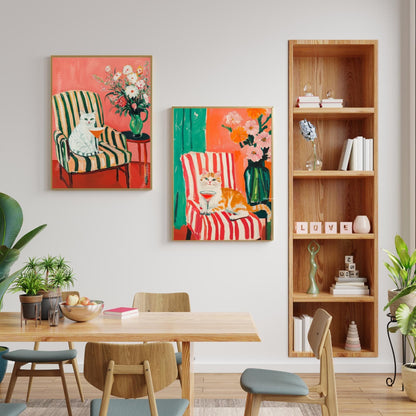 Orange Cat Cocktail Art Print – Retro Cat Wall Art – Maximalist Bar Cart Decor – Funny Animal Print – Dopamine Decor – Striped Wall Art