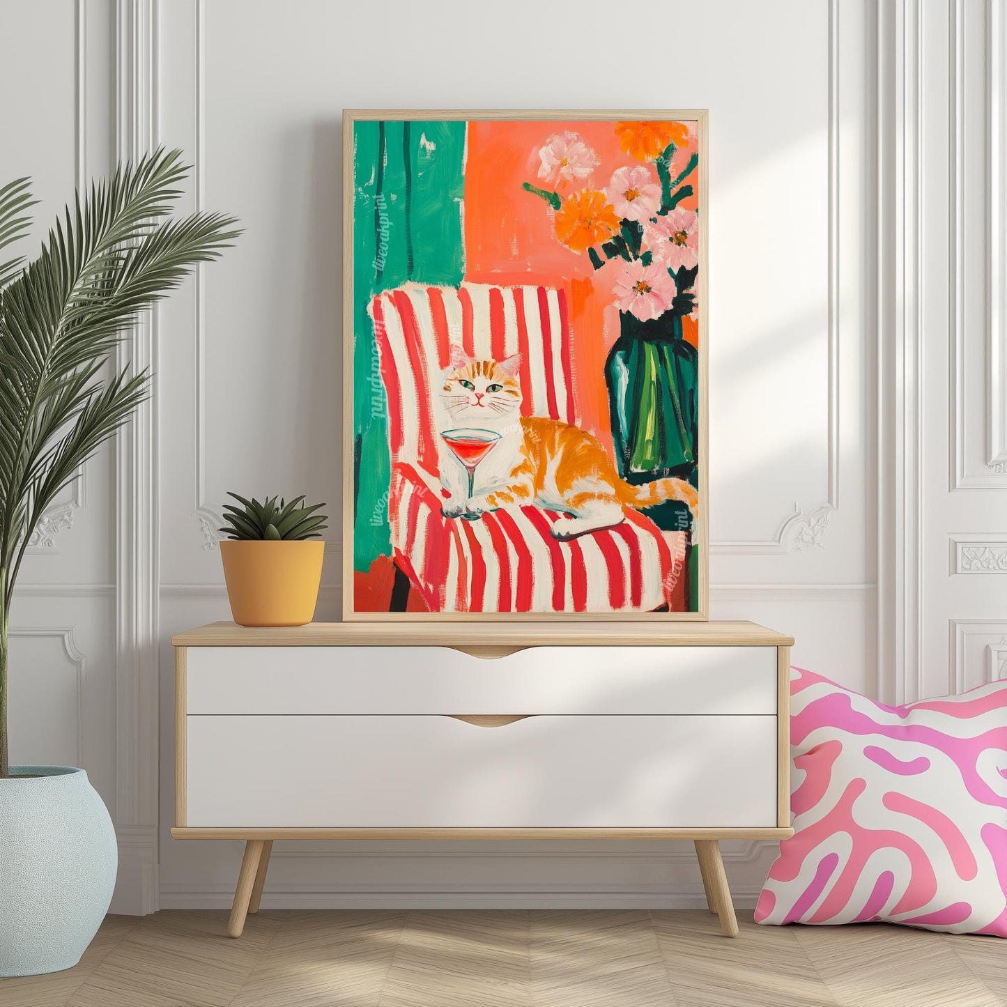 Orange Cat Cocktail Art Print – Retro Cat Wall Art – Maximalist Bar Cart Decor – Funny Animal Print – Dopamine Decor – Striped Wall Art