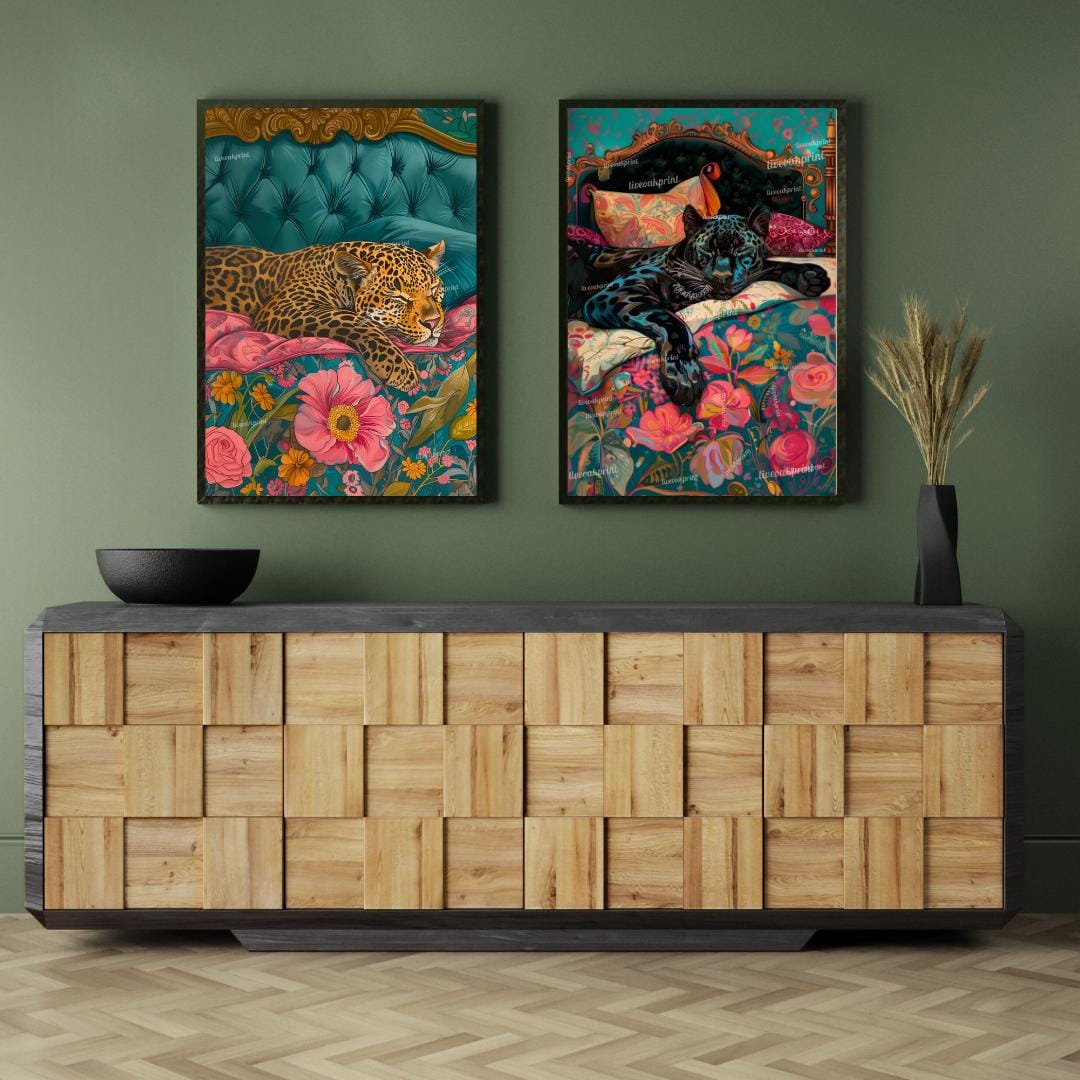 Leopard & Panther Wall Art Set – Maximalist Jungle Cat Prints – Bold Bedroom Decor – Cozy Cat Wall Art – Dark Floral Animal Prints