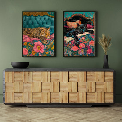Leopard & Panther Wall Art Set – Maximalist Jungle Cat Prints – Bold Bedroom Decor – Cozy Cat Wall Art – Dark Floral Animal Prints