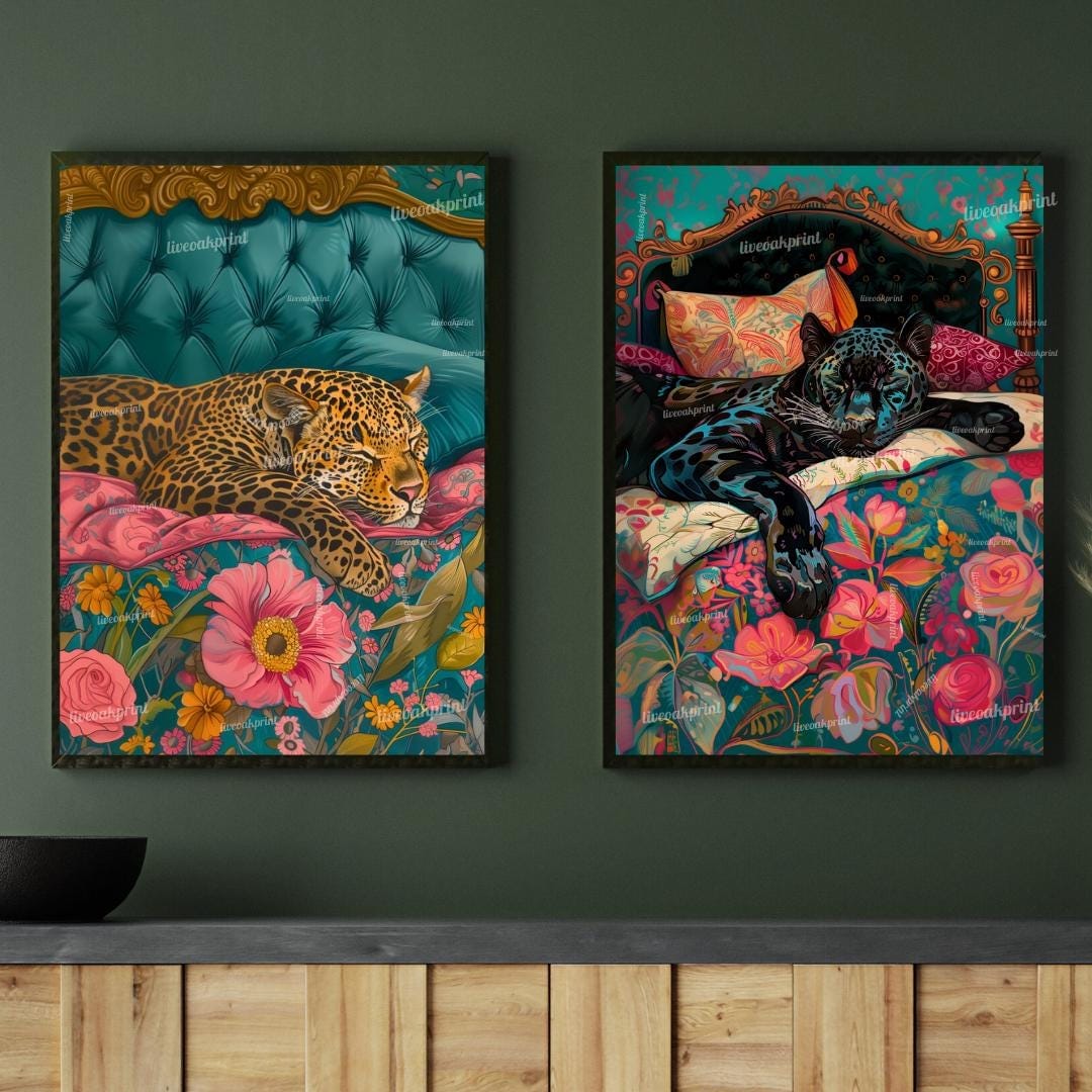 Leopard & Panther Wall Art Set – Maximalist Jungle Cat Prints – Bold Bedroom Decor – Cozy Cat Wall Art – Dark Floral Animal Prints