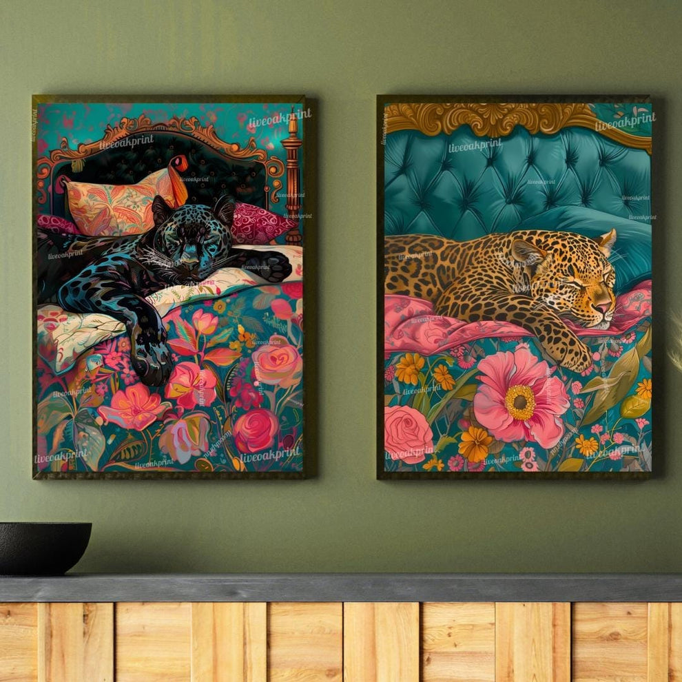 Leopard & Panther Wall Art Set – Maximalist Jungle Cat Prints – Bold Bedroom Decor – Cozy Cat Wall Art – Dark Floral Animal Prints