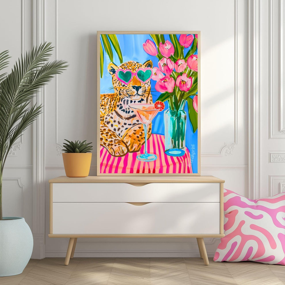 Tropical Leopard Wall Art – Summer Cat Print – Pink Martini Art – Dopamine Decor – Whimsical Animal Wall Art – Cocktail Wall Decor