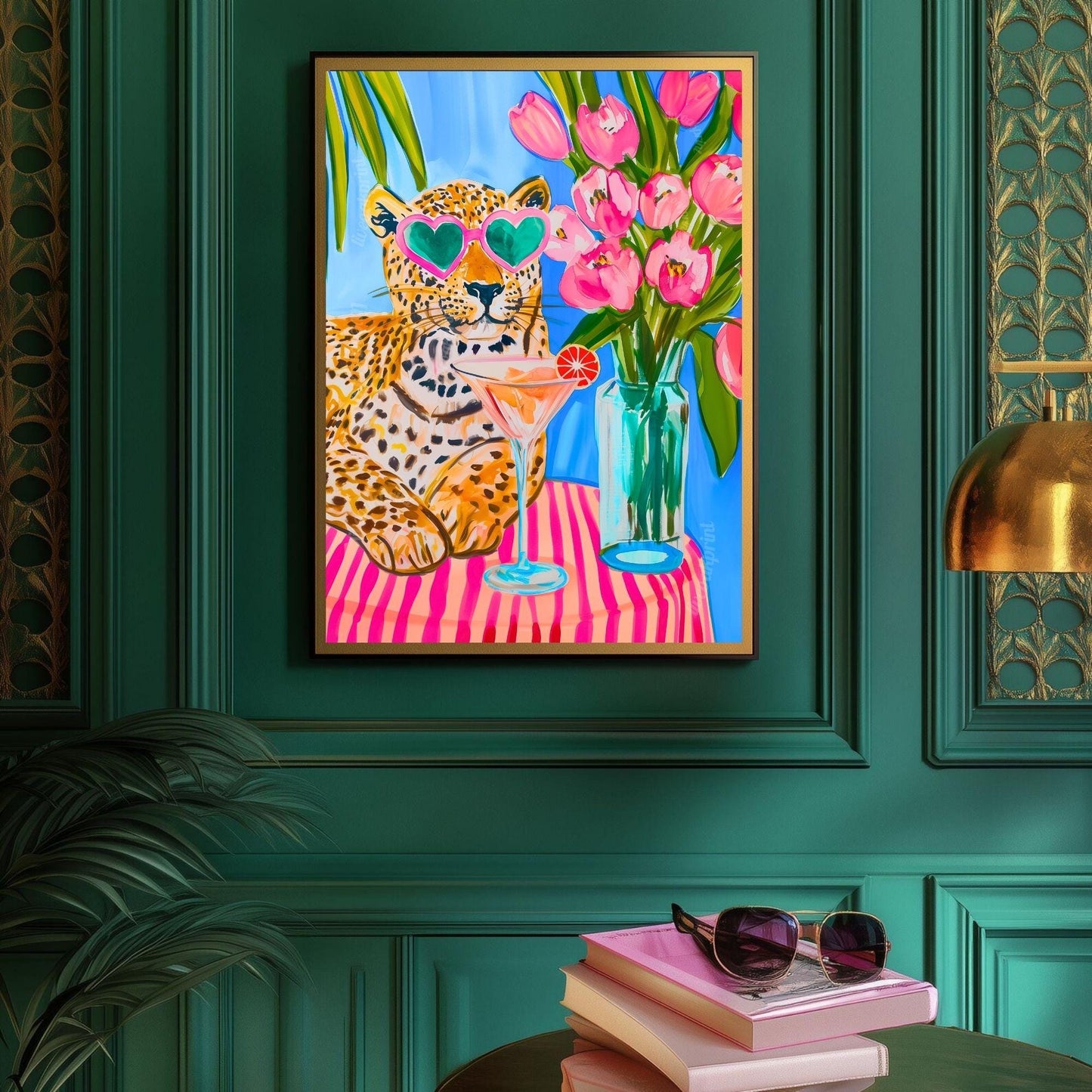 Tropical Leopard Wall Art – Summer Cat Print – Pink Martini Art – Dopamine Decor – Whimsical Animal Wall Art – Cocktail Wall Decor