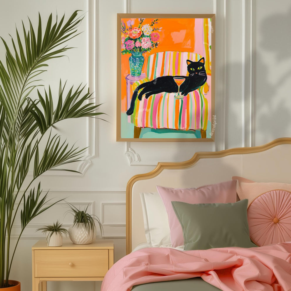 Black Cat Wall Art – Cocktail Cat Print – Dopamine Decor – Whimsical Bar Art – Orange Wall Art – Summer Cat Poster – Funky Animal Art Print