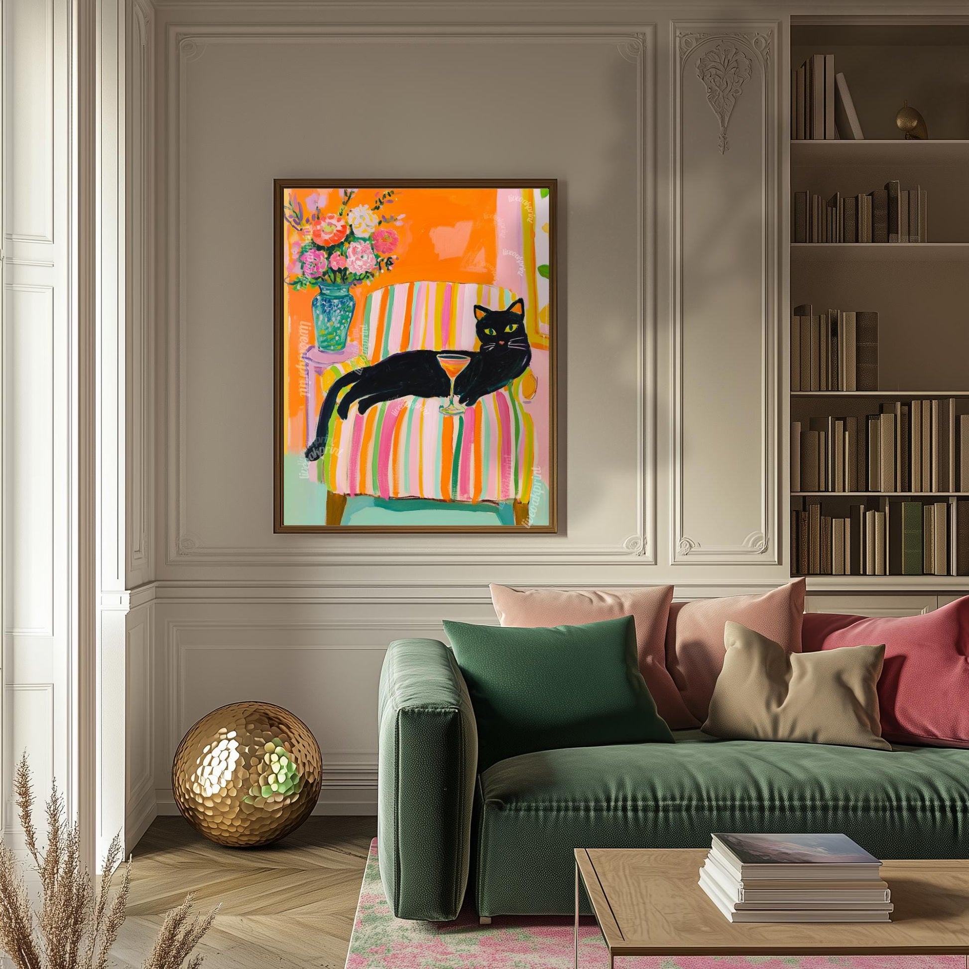 Black Cat Wall Art – Cocktail Cat Print – Dopamine Decor – Whimsical Bar Art – Orange Wall Art – Summer Cat Poster – Funky Animal Art Print
