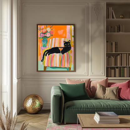 Black Cat Wall Art – Cocktail Cat Print – Dopamine Decor – Whimsical Bar Art – Orange Wall Art – Summer Cat Poster – Funky Animal Art Print