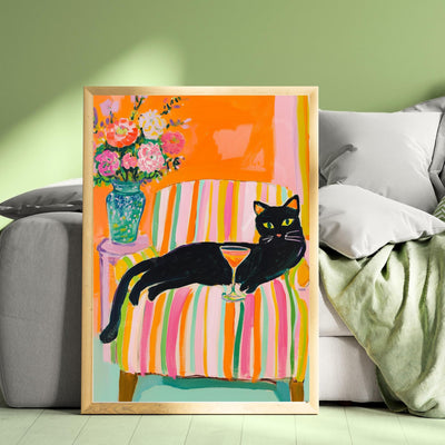 Black Cat Wall Art – Cocktail Cat Print – Dopamine Decor – Whimsical Bar Art – Orange Wall Art – Summer Cat Poster – Funky Animal Art Print