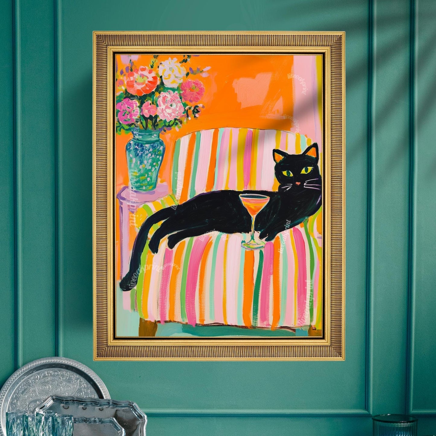 Black Cat Wall Art – Cocktail Cat Print – Dopamine Decor – Whimsical Bar Art – Orange Wall Art – Summer Cat Poster – Funky Animal Art Print