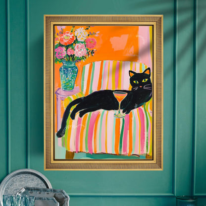 Black Cat Wall Art – Cocktail Cat Print – Dopamine Decor – Whimsical Bar Art – Orange Wall Art – Summer Cat Poster – Funky Animal Art Print