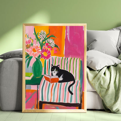Tuxedo Cat Reading Print – Bookish Wall Art – Cozy Reading Nook Decor – Black and White Cat Art – Gift for Book Lovers – Dopamine Decor