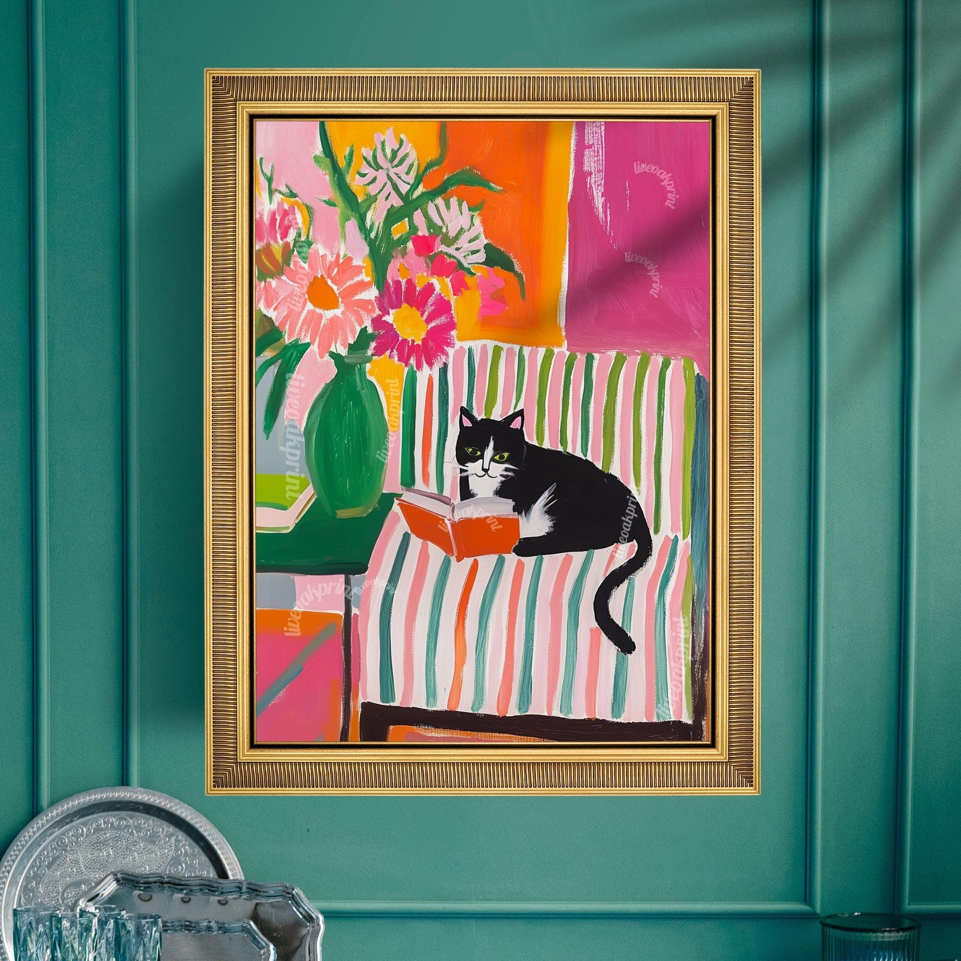 Tuxedo Cat Reading Print – Bookish Wall Art – Cozy Reading Nook Decor – Black and White Cat Art – Gift for Book Lovers – Dopamine Decor