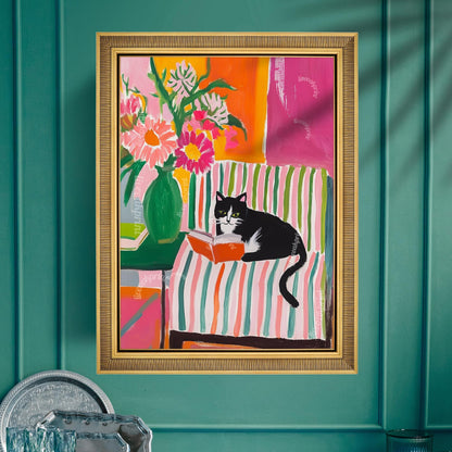 Tuxedo Cat Reading Print – Bookish Wall Art – Cozy Reading Nook Decor – Black and White Cat Art – Gift for Book Lovers – Dopamine Decor