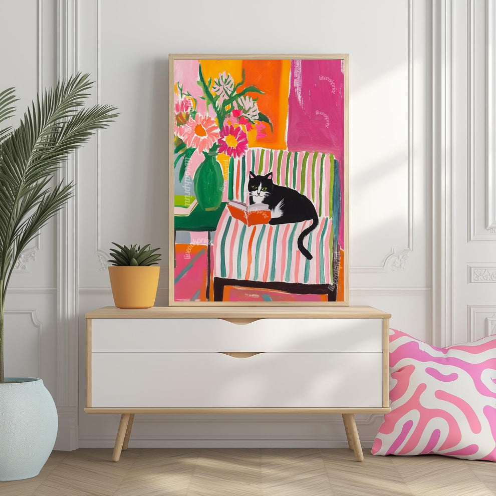 Tuxedo Cat Reading Print – Bookish Wall Art – Cozy Reading Nook Decor – Black and White Cat Art – Gift for Book Lovers – Dopamine Decor