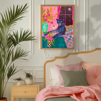 Surreal Martini Panther Art Print – Dirty Martini Wall Art – Maximalist Dopamine Decor – Funky Cocktail Cat Print Pink Panther Bar Cart Art