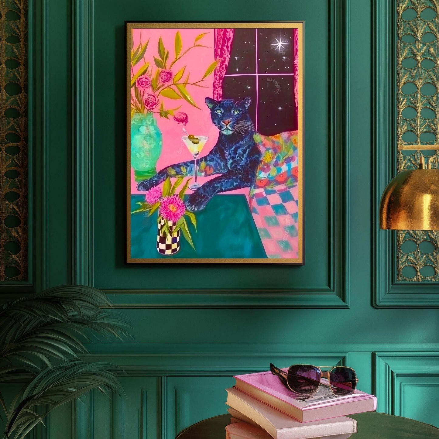 Surreal Martini Panther Art Print – Dirty Martini Wall Art – Maximalist Dopamine Decor – Funky Cocktail Cat Print Pink Panther Bar Cart Art