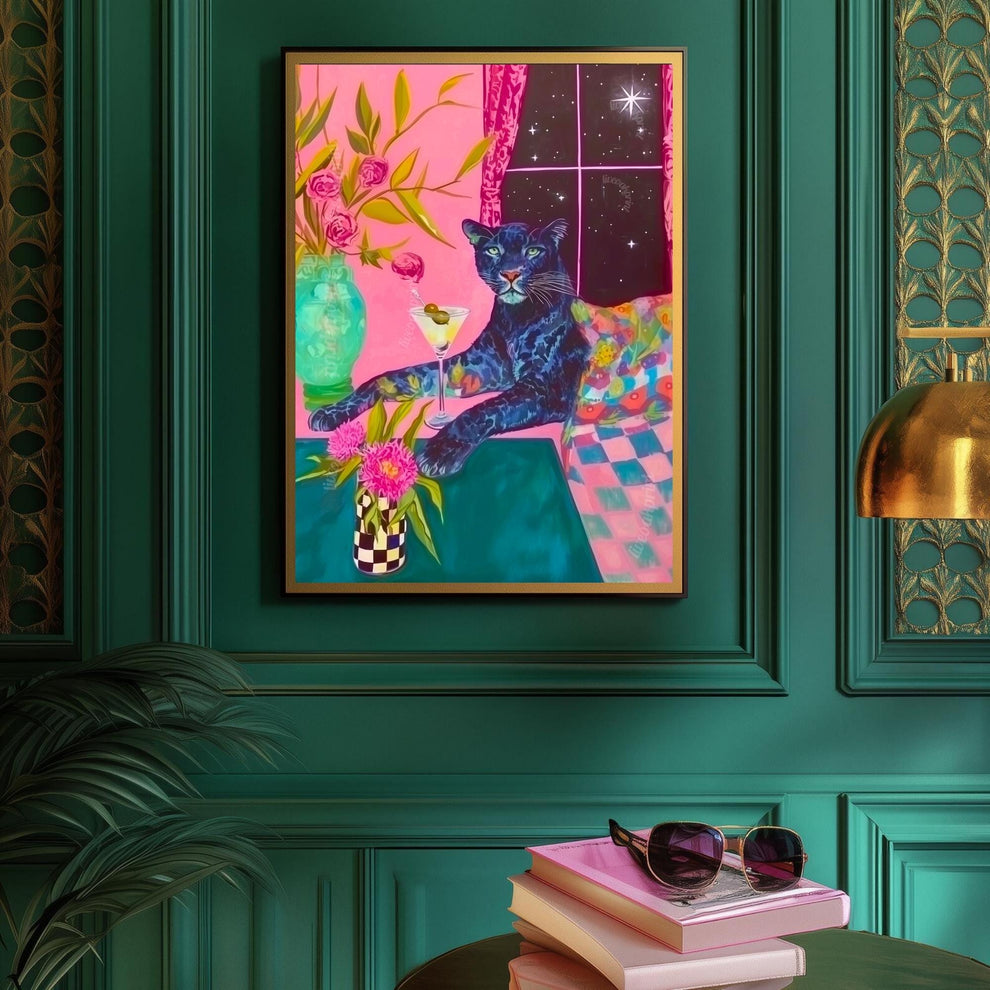 Surreal Martini Panther Art Print – Dirty Martini Wall Art – Maximalist Dopamine Decor – Funky Cocktail Cat Print Pink Panther Bar Cart Art