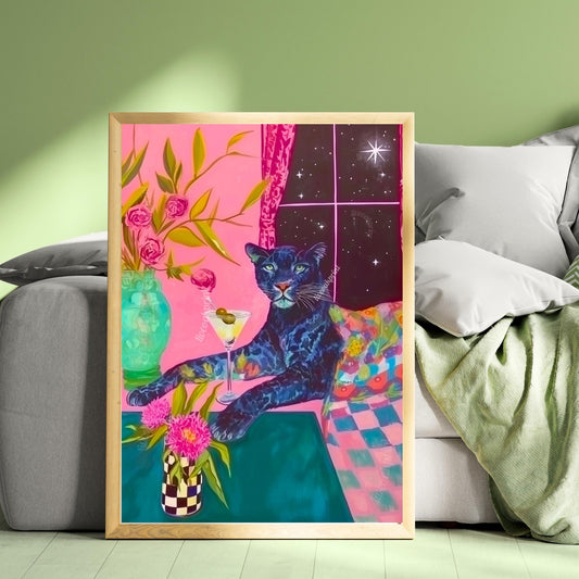 Surreal Martini Panther Art Print – Dirty Martini Wall Art – Maximalist Dopamine Decor – Funky Cocktail Cat Print Pink Panther Bar Cart Art