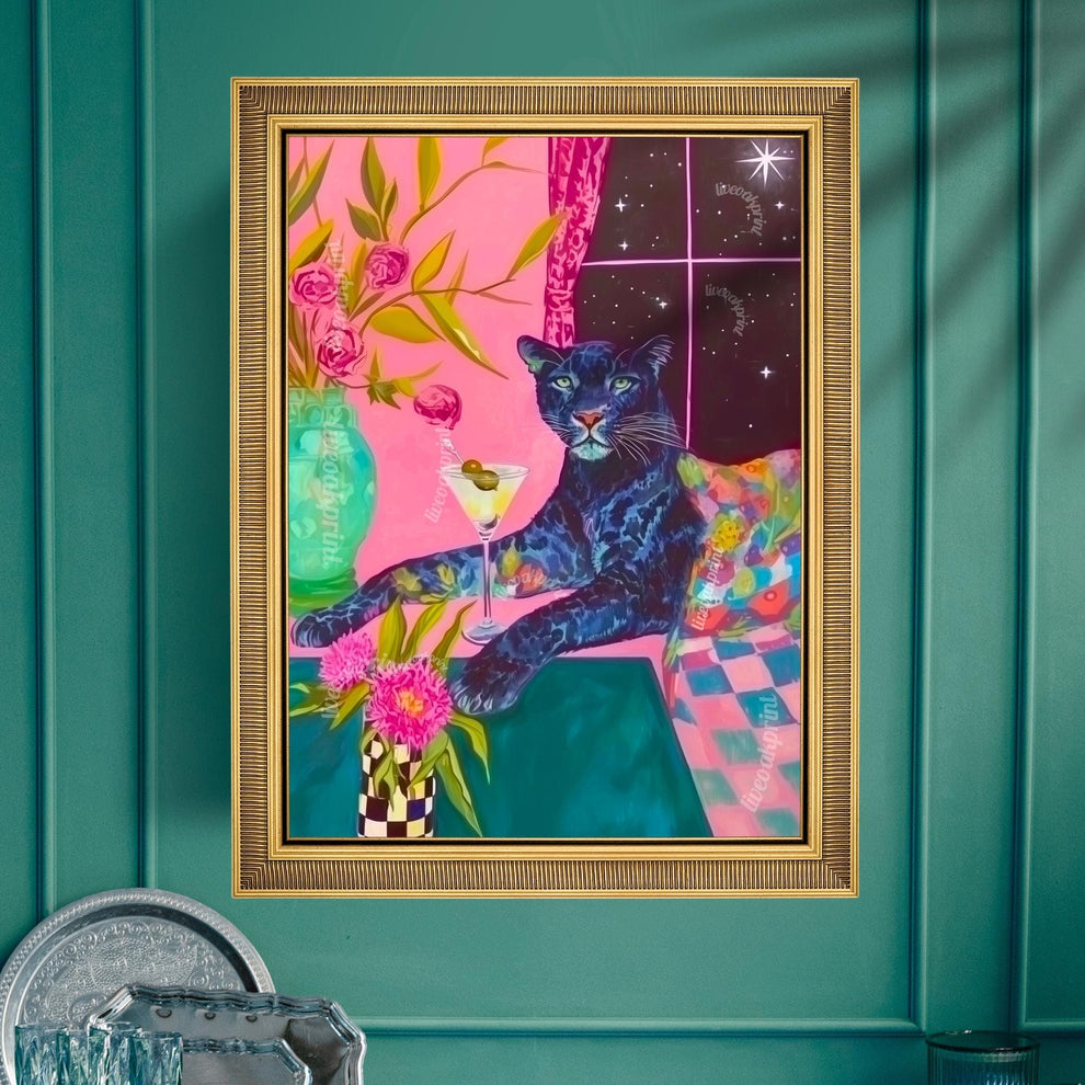 Surreal Martini Panther Art Print – Dirty Martini Wall Art – Maximalist Dopamine Decor – Funky Cocktail Cat Print Pink Panther Bar Cart Art
