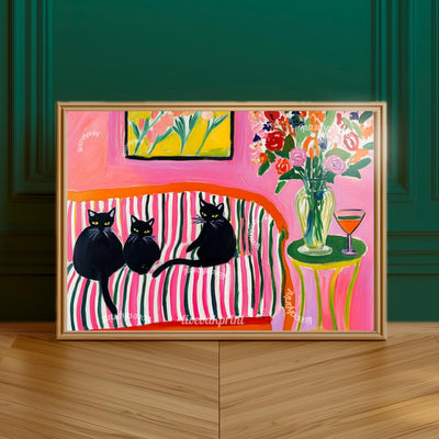 Three Black Cats on a Couch Art Print – Maximalist Cat Wall Art – Dirty Martini Decor – Bold Coquette Home Decor – Cocktail Bar Cat Print