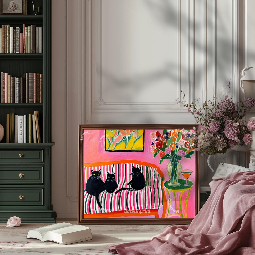 Three Black Cats on a Couch Art Print – Maximalist Cat Wall Art – Dirty Martini Decor – Bold Coquette Home Decor – Cocktail Bar Cat Print