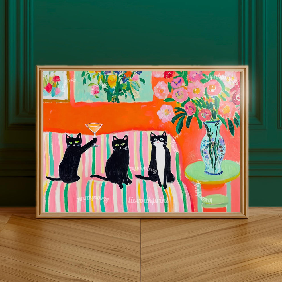 Cocktail Cats Art Print – Black Cat Martini Wall Art – Tuxedo Cat Print – Bold Coquette Decor – Midcentury Inspired Cat Lover Gift