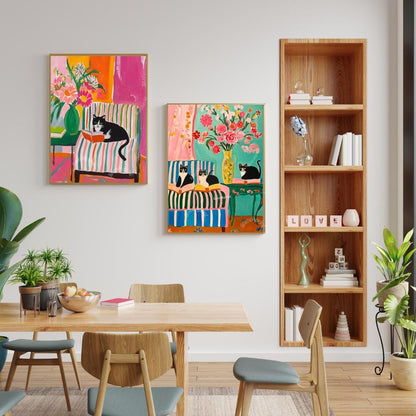 Tuxedo Cat Reading Art Prints – Bookish Cat Wall Art Set – Colorful Cat Lover Decor – Bold Coquette Library Aesthetic – Striped Chair Art